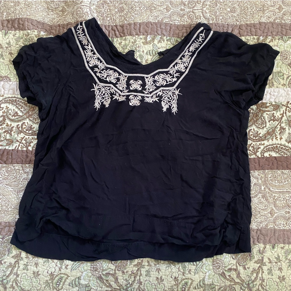 Chic Black Blouse with White Embroidery